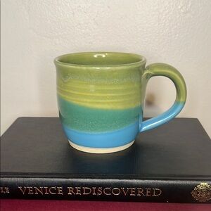 Blue and Green Handmade Art Pottery Coffee Tea Mug Signed by Artist